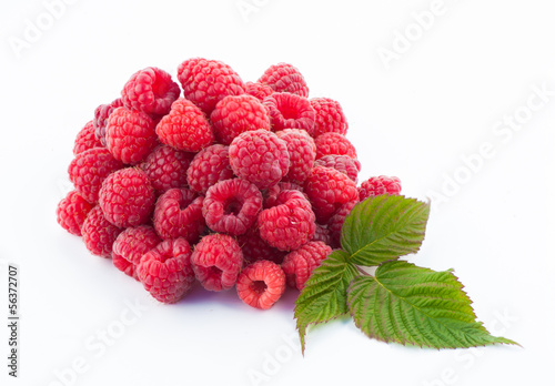 Red ripe raspberry on white background