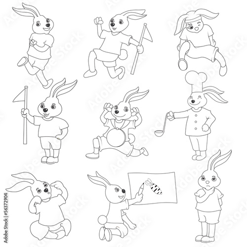 Set of cartoon rabbit lines. In physical activities. On a white