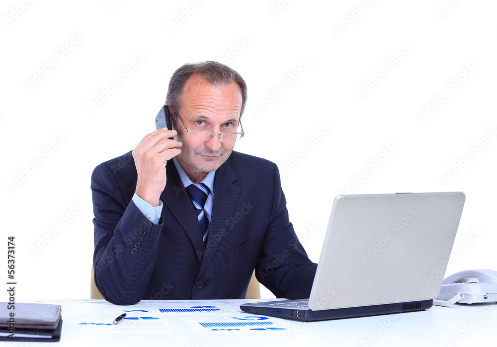 smiling business man talking on cell phone smiling business man talking on cell phone