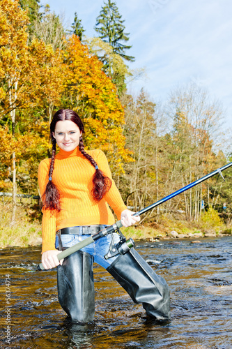 woman fishing in Otava river, Czech Republic