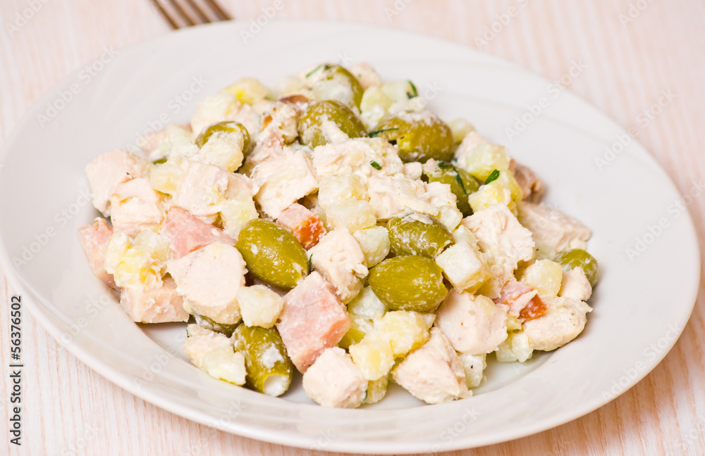 salad with chicken, ham, potatoes and olives salad with chicken, ham, potatoes and olives