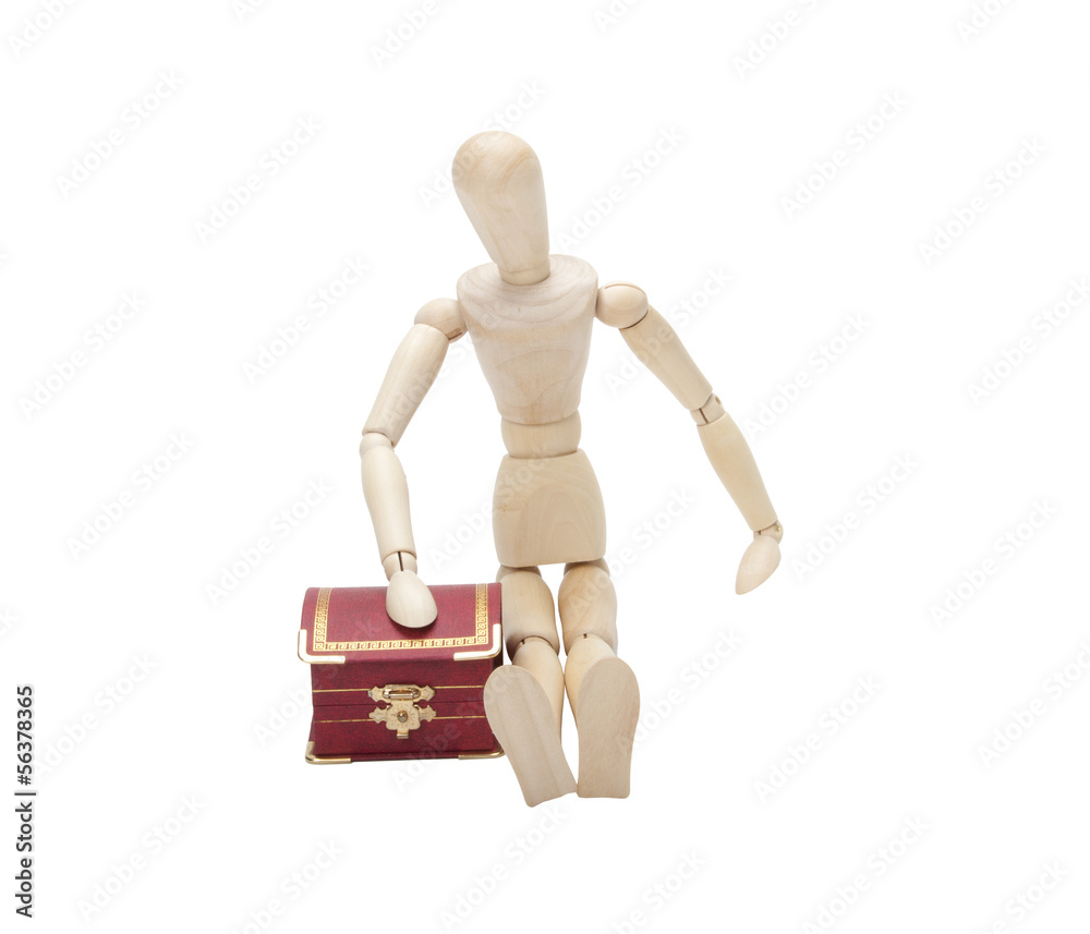 Wooden dummy with gift box, isolated on a white
