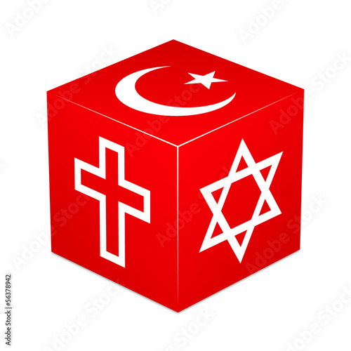 Red cube with religious symbols - Christianity, Islam, Judaism