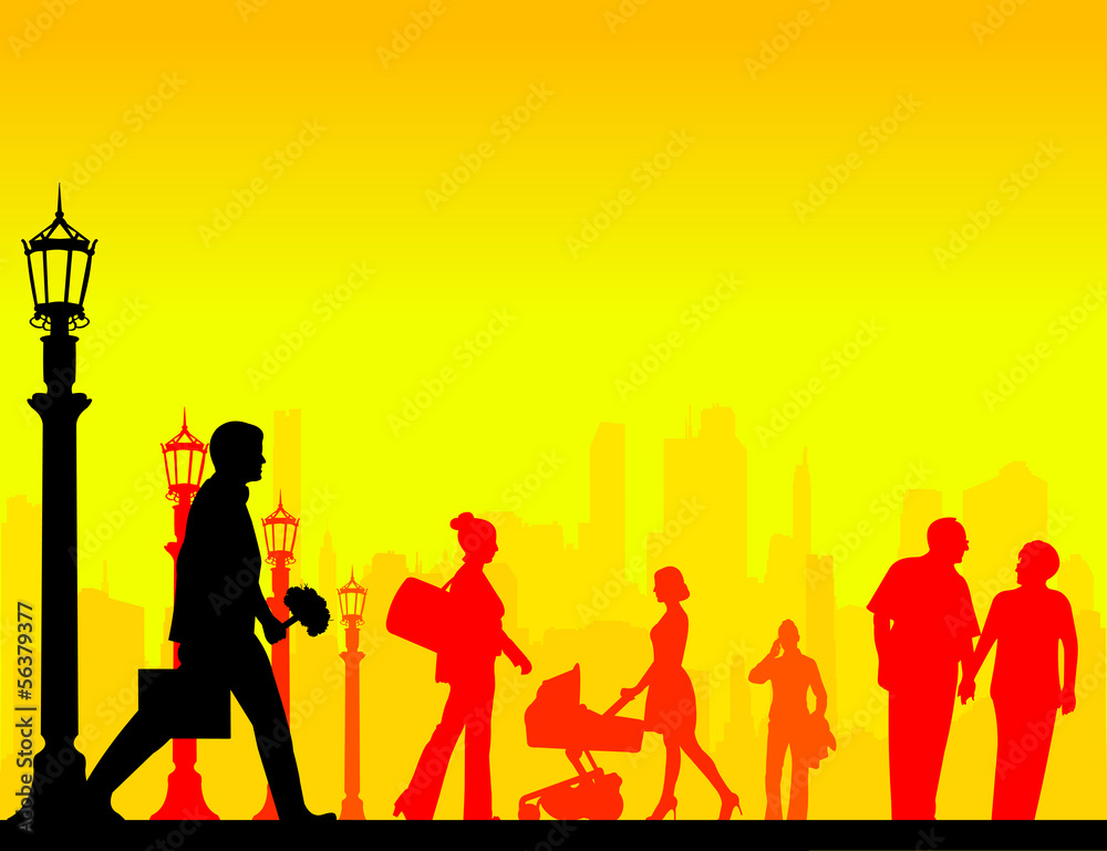 Fototapeta premium People in the street in different situation silhouette layered