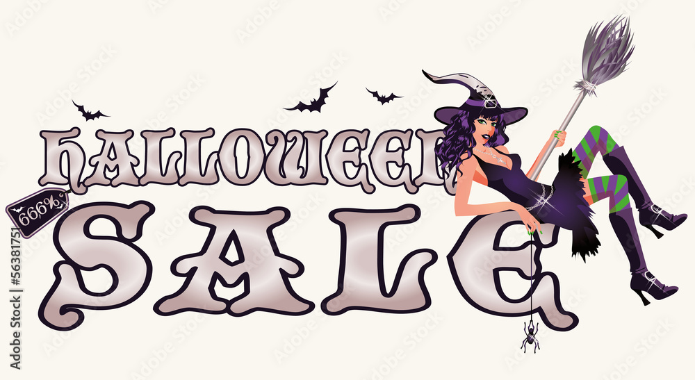 Halloween sale banner with sexy witch, vector illustration