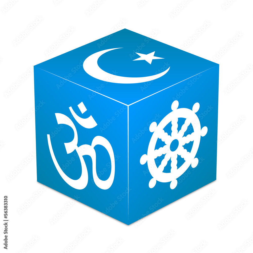 Blue cube with religious symbols - Hinduism, Buddhism, Islam