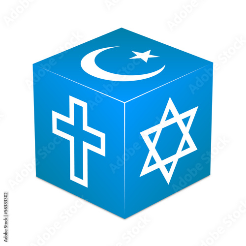 Blue cube with religious symbols - Christianity, Islam, Judaism