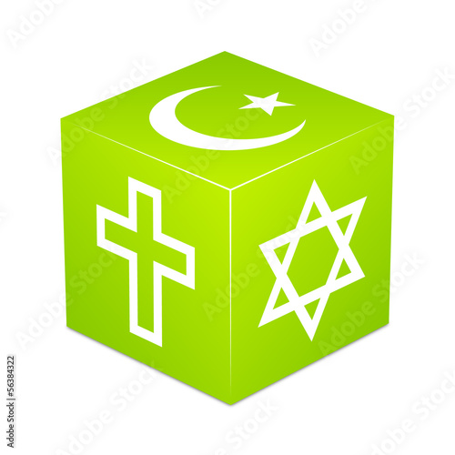 Green cube with religious symbols - Christianity, Islam, Judaism