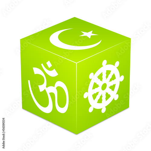 Green cube with religious symbols - Hinduism, Buddhism, Islam