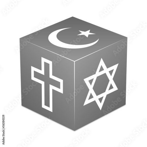 Grey cube with religious symbols - Christianity, Islam, Judaism