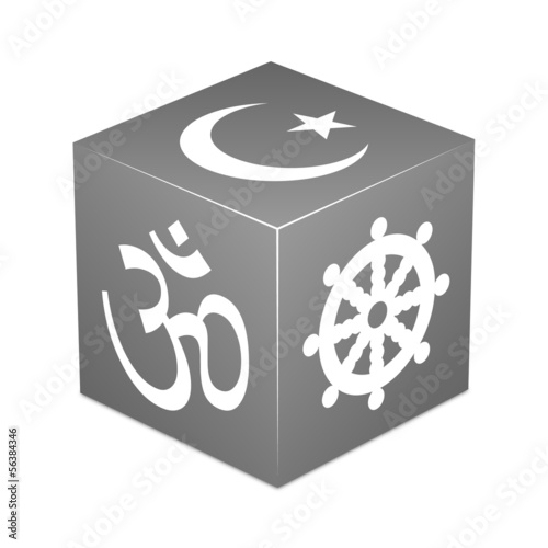 Grey cube with religious symbols - Hinduism, Buddhism, Islam