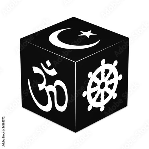 Black cube with religious symbols - Hinduism, Buddhism, Islam