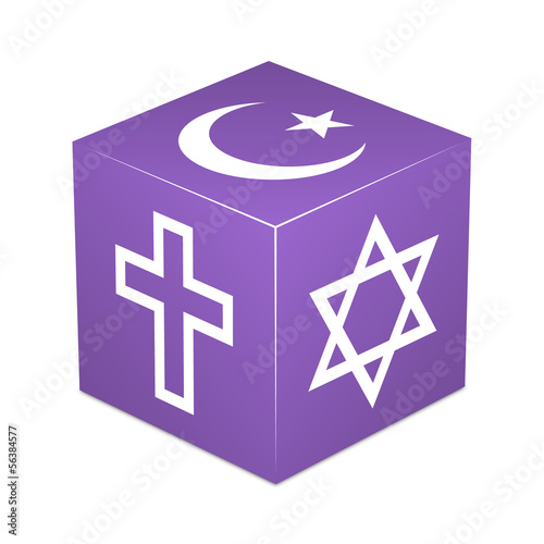 Violet cube with religious symbols - Christianity,Islam,Judaism