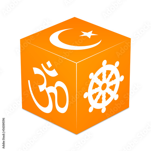 Orange cube with religious symbols - Hinduism, Buddhism, Islam