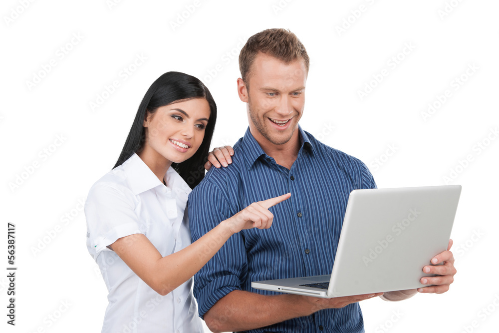People with laptop. Young man and woman working on laptop togeth People with laptop. Young man and woman working on laptop togeth