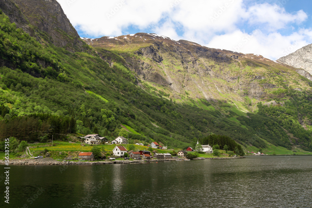 Naklejka premium Village is on the fjord Sognefjord