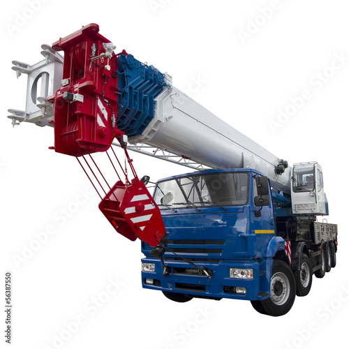 blue and white truck crane