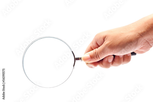 hand hold magnifying glass isolated on white