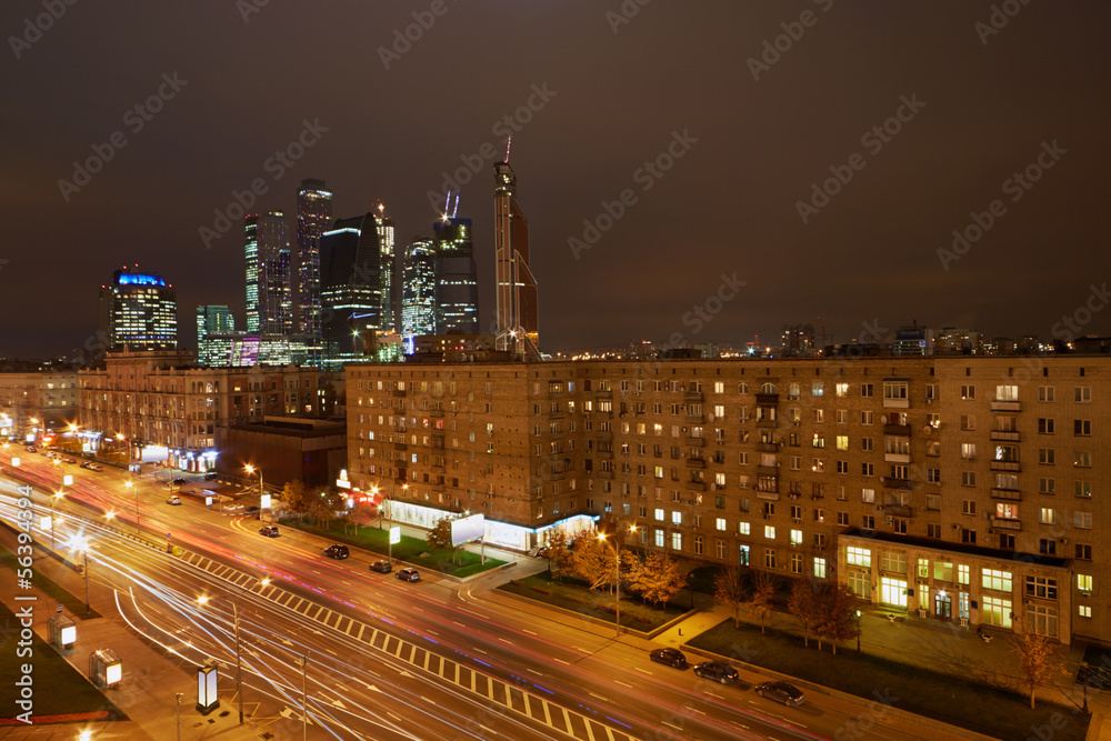 Kutuzov Avenue and Moskva-city in evening