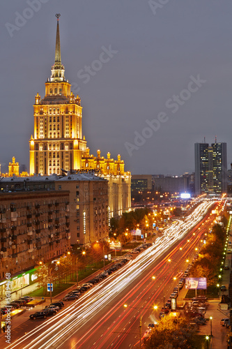 Hotel Ukraine at Kutuzov Avenue in evening