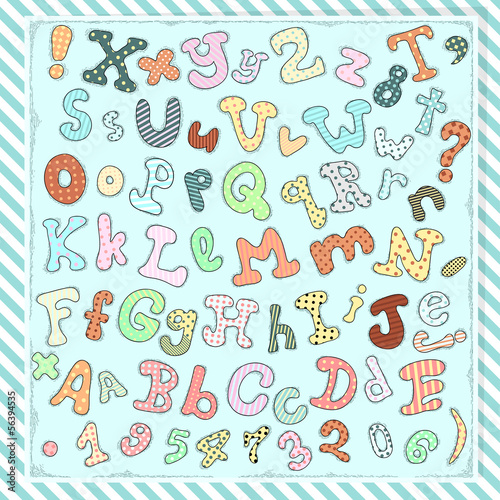 Hand drawn cute letters, numbers and symbols