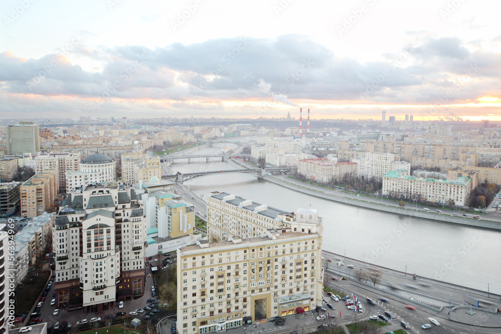 Kievsky Railway Station and Moskva river in cloudy evening