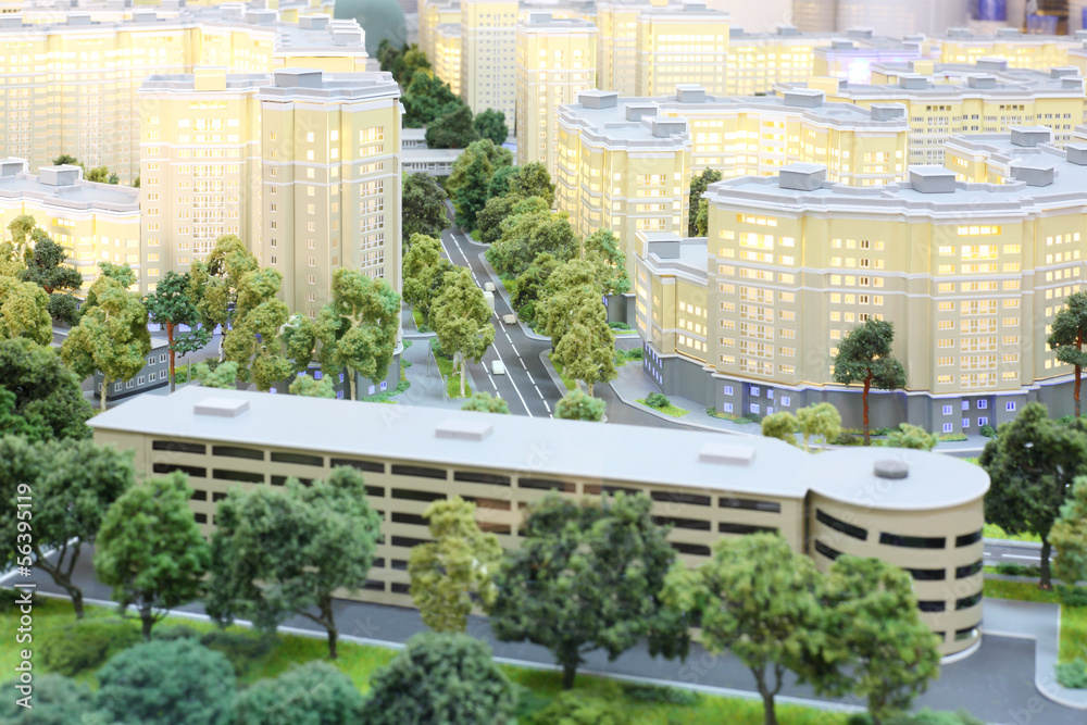 Small layout of yellow high-rise residential buildings, trees Small layout of yellow high-rise residential buildings, trees