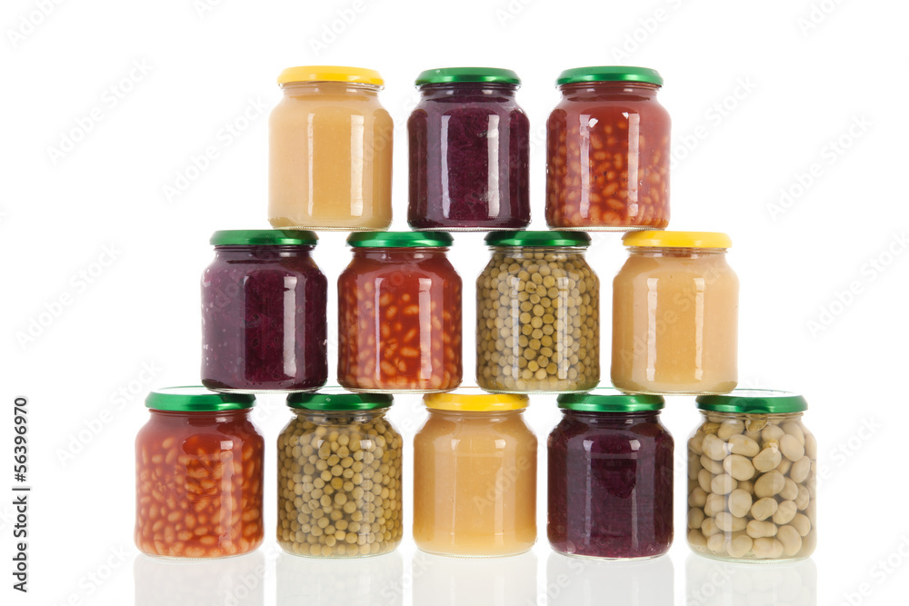 Row pots with canned vegetables
