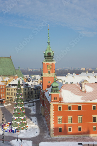 Warsaw Castle Square with christmas tree and decorations at wint