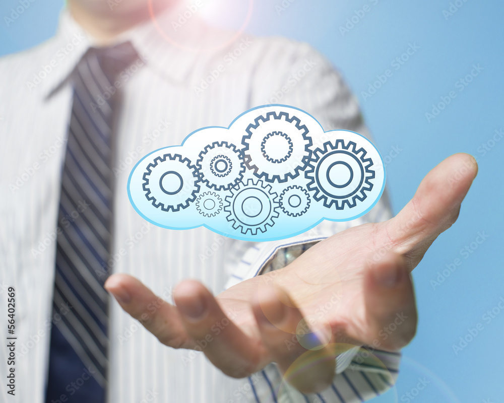 palm opening businessman with cloud fill with gears cloud comput palm opening businessman with cloud fill with gears cloud comput