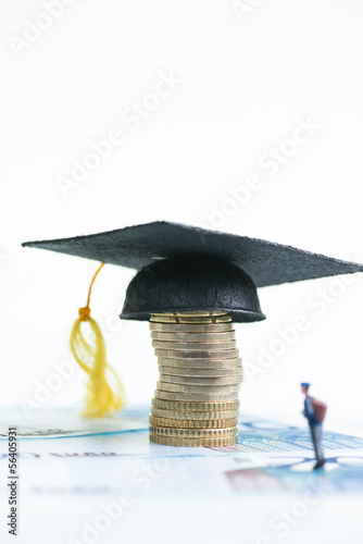 Wallpaper Mural Miniature man looking at the mortarboard on top of Euro coins Torontodigital.ca