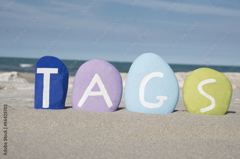 concept of tags on colourful stones