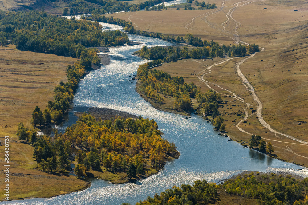 blue river in autumn valley
