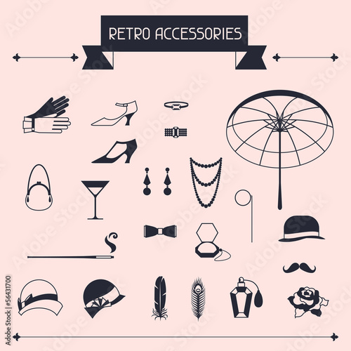 Retro personal accessories, icons and objects of 1920s style.