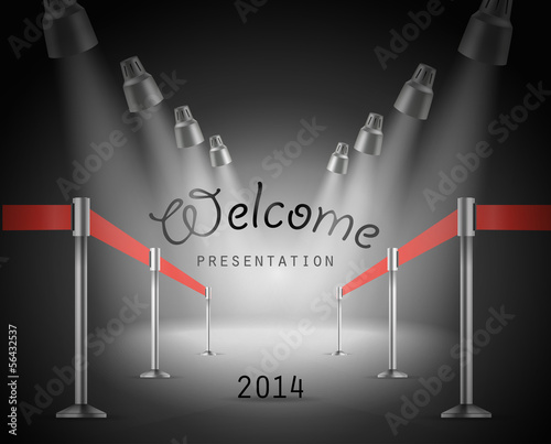 Photorealistic bright stage with projectors and red ribbon