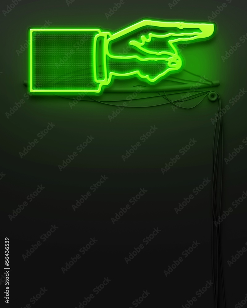 Neon glowing signboard with pointing hand, copyspace