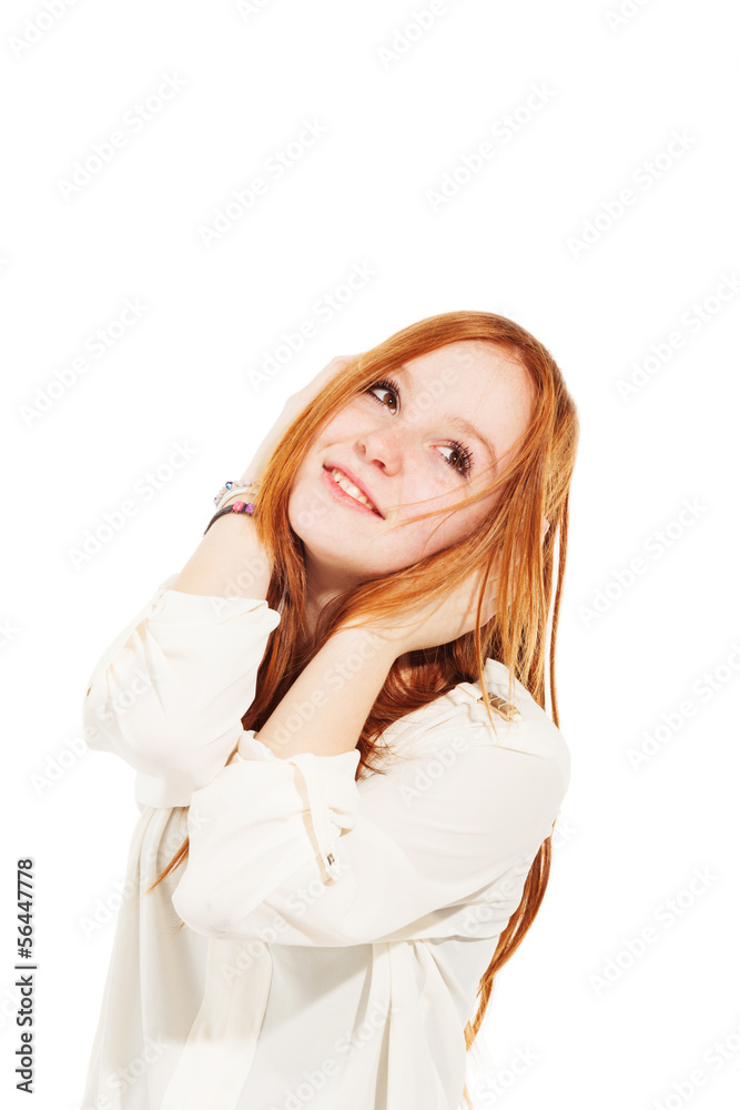 portrait of cute redheaded girl, isolated on white background