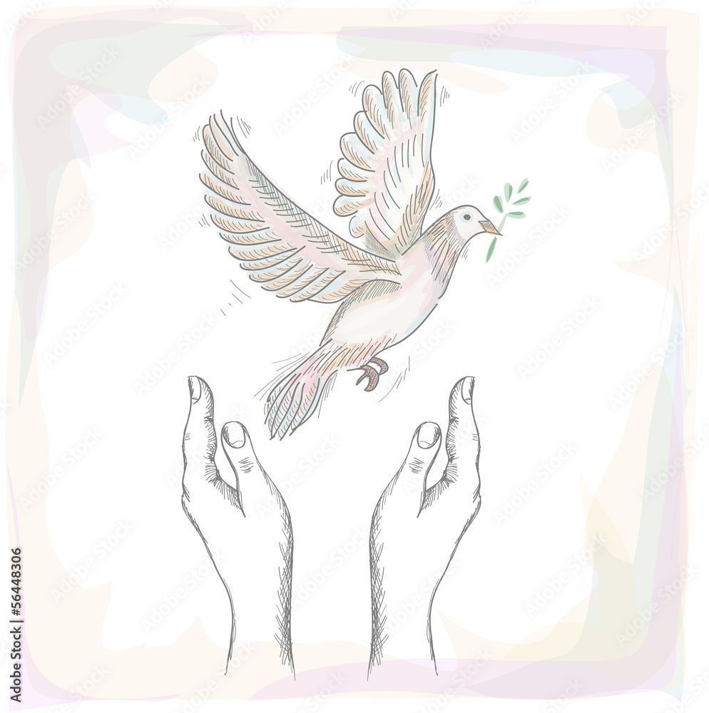 Human hands and peace dove illustration EPS10 file.