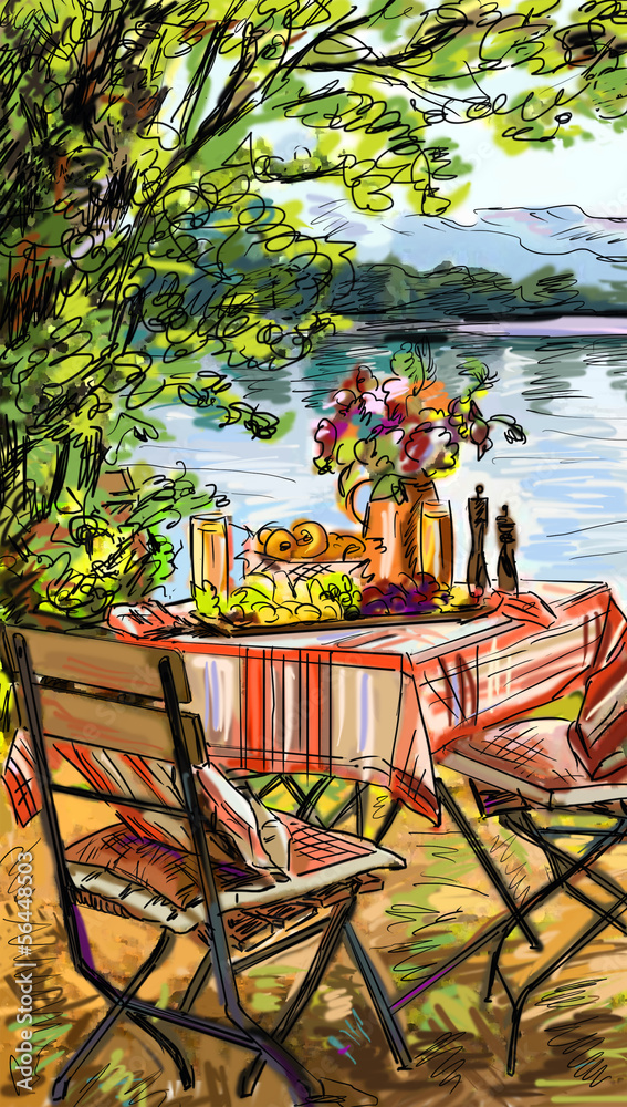 Summer terrace cafe - illustration, sketch