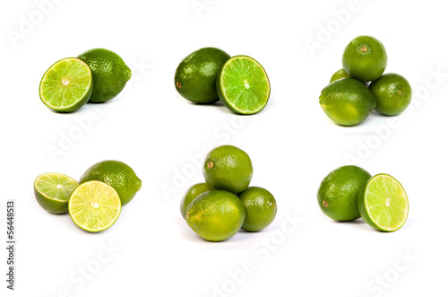 set of whole limes and half limes isolated on a white