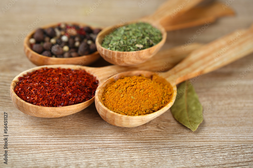 Assortment of spices in wooden spoons on wooden background