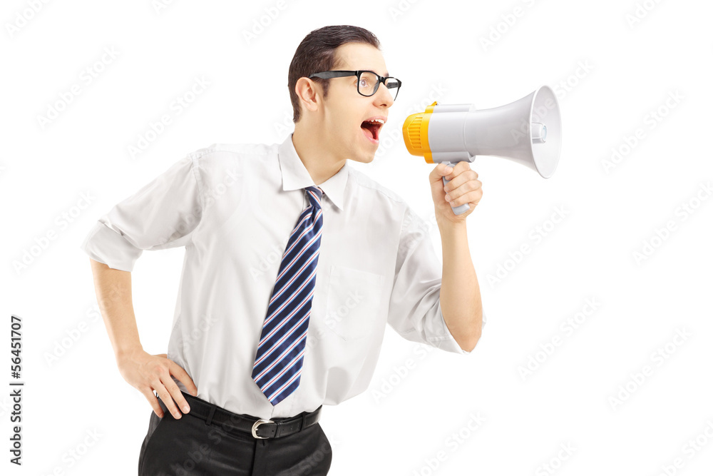 Angry businessman shouting via megaphone Angry businessman shouting via megaphone