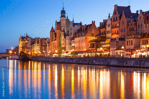 Architecture of old town in Gdansk at night, Poland