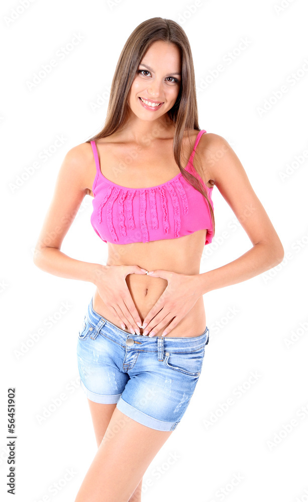 Young girl with butterfly on stomach isolated on white Young girl with butterfly on stomach isolated on white