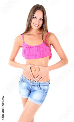Young girl with butterfly on stomach isolated on white