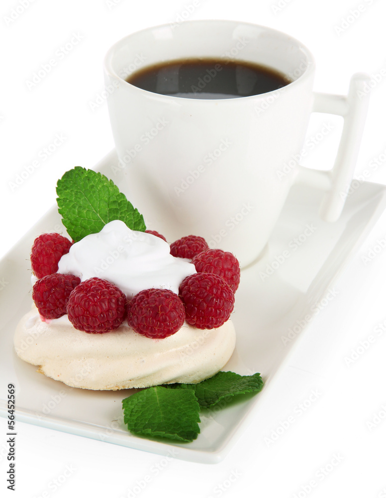 Tasty meringue cake with berries and cup of coffee, isolated Tasty meringue cake with berries and cup of coffee, isolated