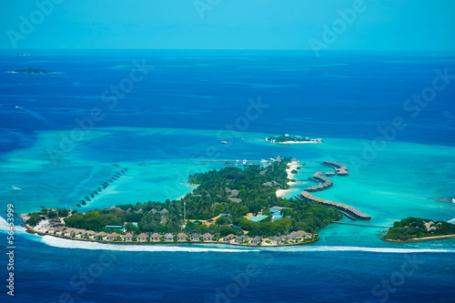 View from the plane on the island located in the Maldives
