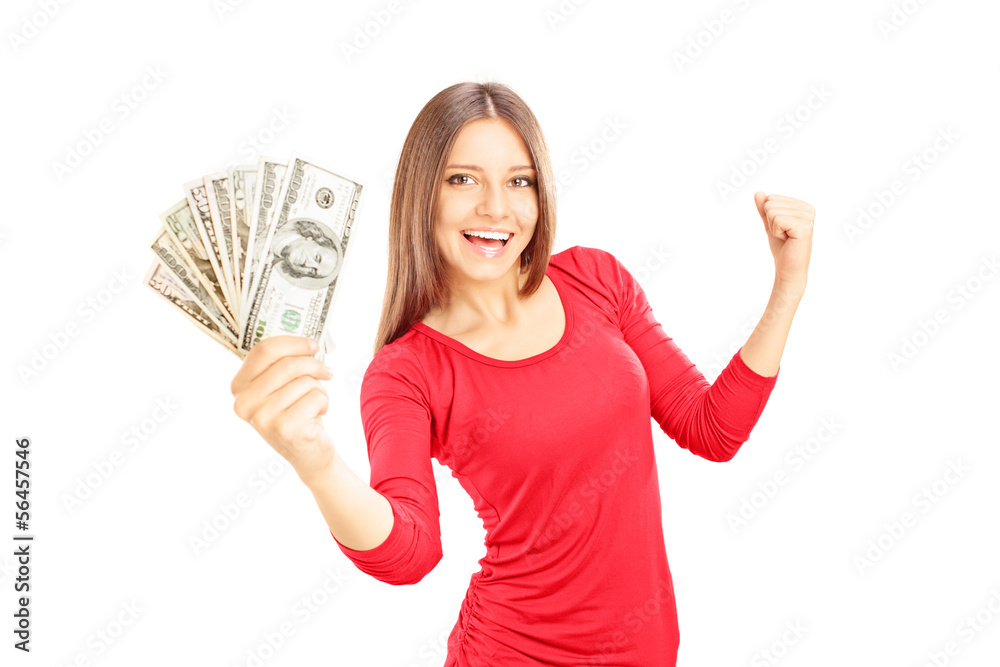 Happy female holding US dollars and gesturing happiness Happy female holding US dollars and gesturing happiness