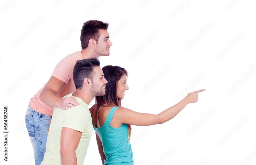 Two handsome boys with a beautiful girl indicating somthing Two handsome boys with a beautiful girl indicating somthing