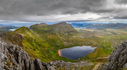 Panoramic view of Scottish highlands, mountains in Loch Assynt